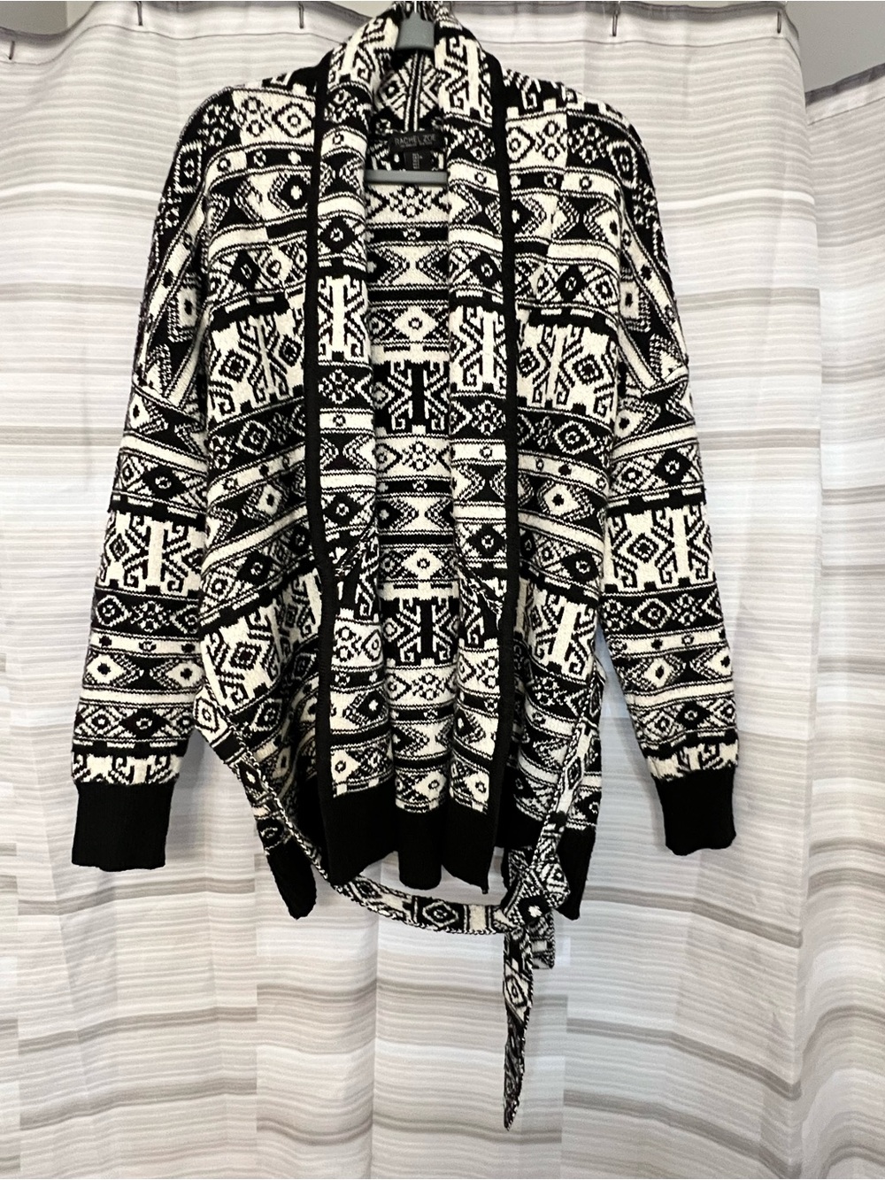 Rachel Zoe Black & White Geometric Belted Sweater Cardigan